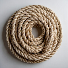 Close-up of natural fiber rope coiled into a tight, circular bundle on a plain white background

