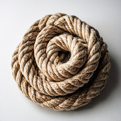 Obraz premium Close-up of natural fiber rope intricately coiled in a circular pattern on a plain white background