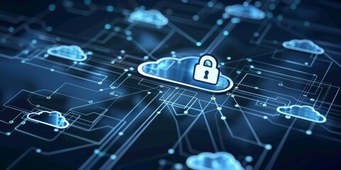Fototapeta premium A cloud computing diagram with encrypted pathways and padlock symbols, showcasing secure cloud services