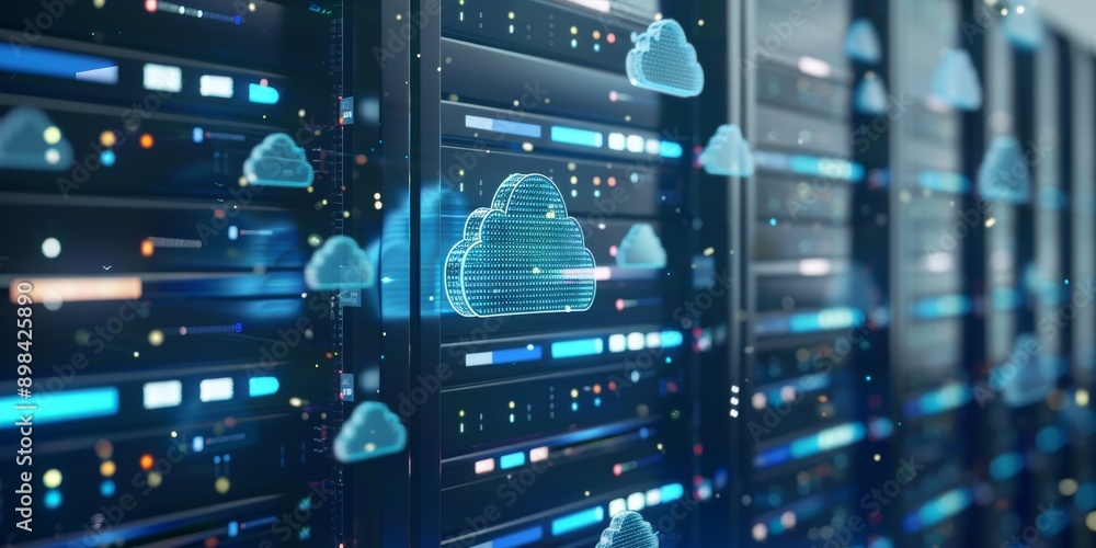 Poster A cloud server with encrypted data symbols floating around, showcasing secure cloud storage solutions