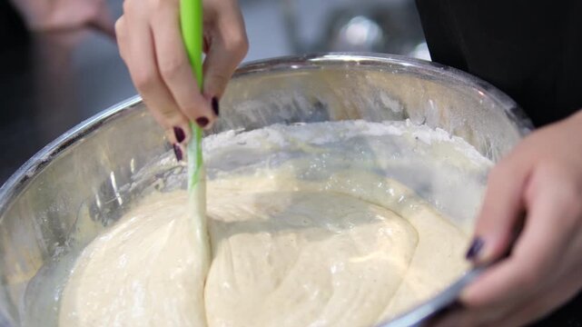 Step by step cooking process. Bunch of raw leavened panettone italian christmas cake ready to bake. Bake Christmas bread