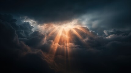 Obraz premium Dramatic sunset rays breaking through dark storm clouds in the sky, creating a striking and contrasting light effect.