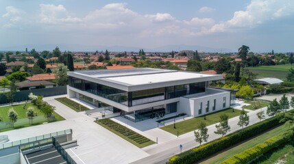 Obraz premium An aerial view of a modern industrial park complex with multiple large warehouse buildings and a large parking lot in the center. The complex is surrounded by green grass and trees