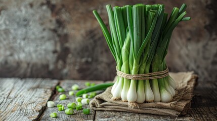 Bunch of fresh spring onions tied with twine, resting on a rustic wooden table with some chopped spring onions scattered around