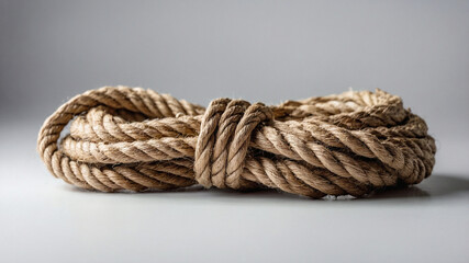 Tightly coiled natural fiber rope with intricate textures against a plain backdrop


