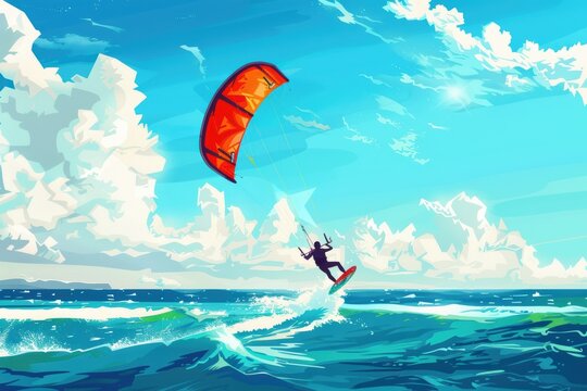A kitesurfer catching air above turquoise waters on a sunny day