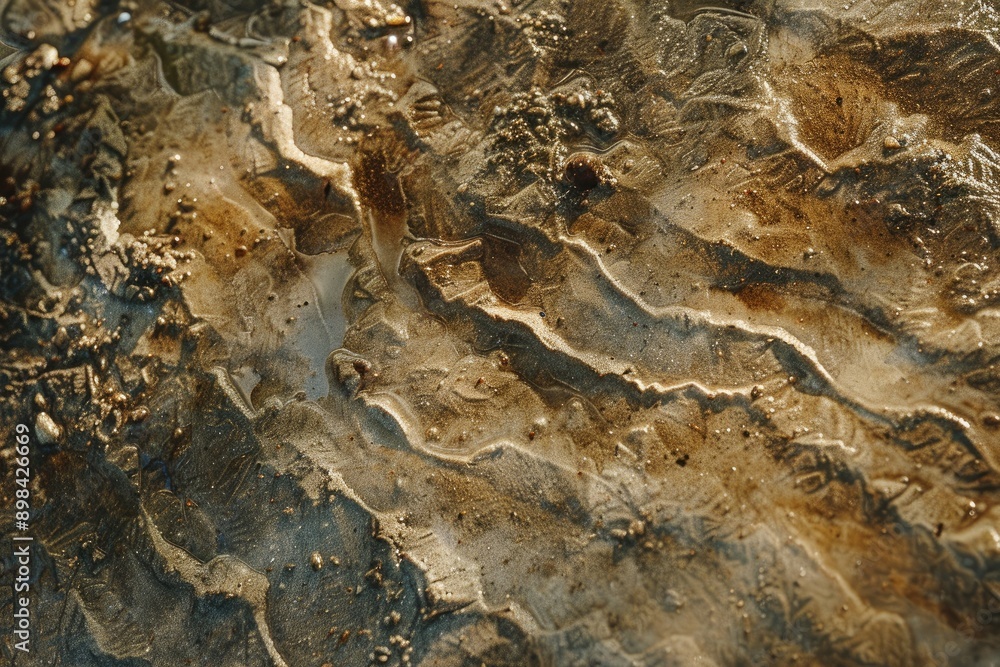 Poster transparent water with tiny rocks visible underneath, subtle textures and patterns emerging from the