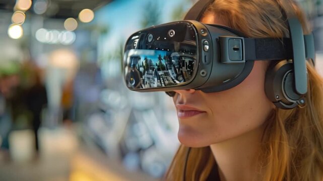 Woman in VR headset and headphones explores virtual property tour. She uses technology to work remotely and connect with clients