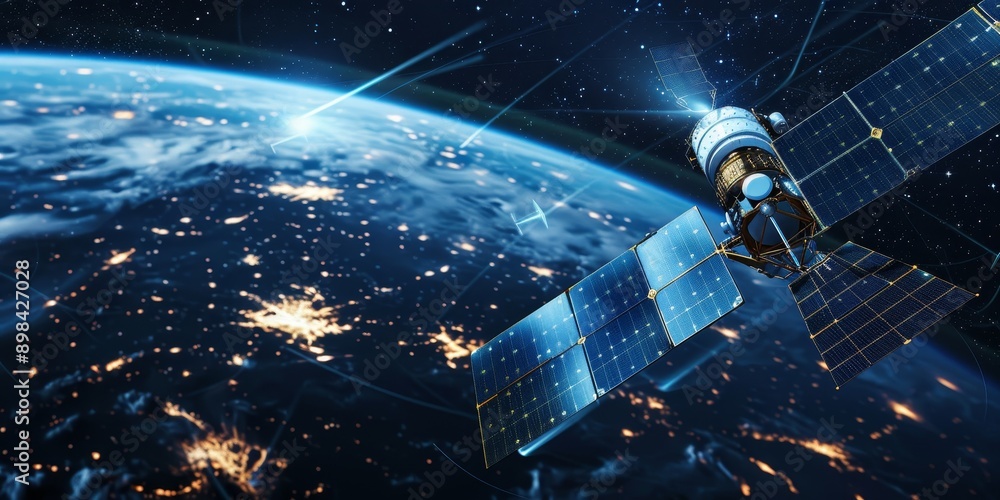 Poster A satellite communication station transmitting data signals across continents, showcasing global data transfer capabilities