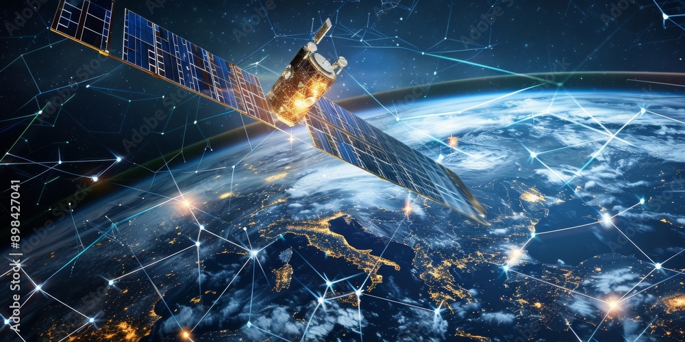 Aufkleber A satellite communication station transmitting data signals across continents, showcasing global data transfer capabilities