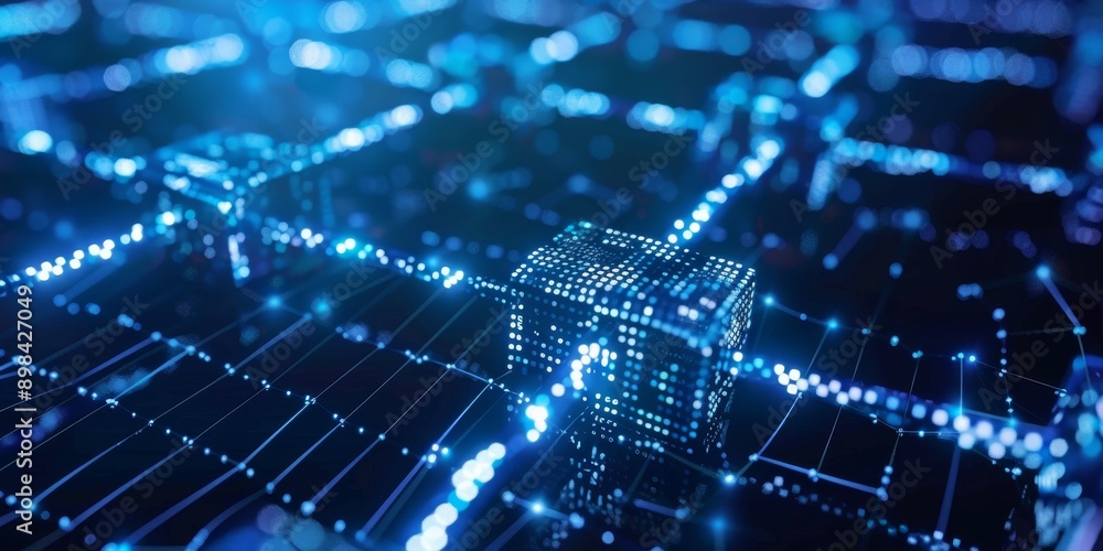 Poster a blockchain network with decentralized nodes validating and recording data transactions, ensuring t