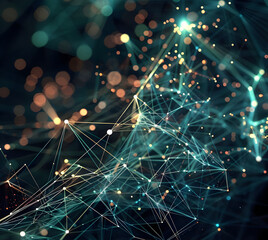 A visually striking abstract representation of a digital network, featuring nodes connected by lines with a focus on depth and connectivity in a blue-toned setting.