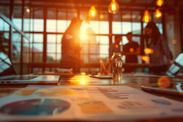 Team brainstorming ideas based on survey insights. Creative warm light. Collaborative workspace background. 