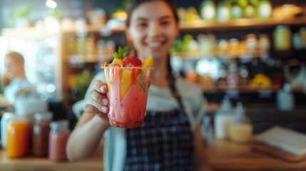 A female is making a healthy smoothie drink with a blender mixer in kitchen