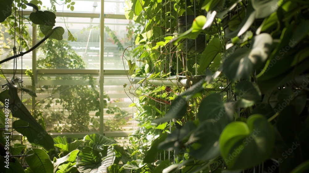 Poster a close-up view of a green wall inside a greenhouse. sunlight streams through the windows, illuminat