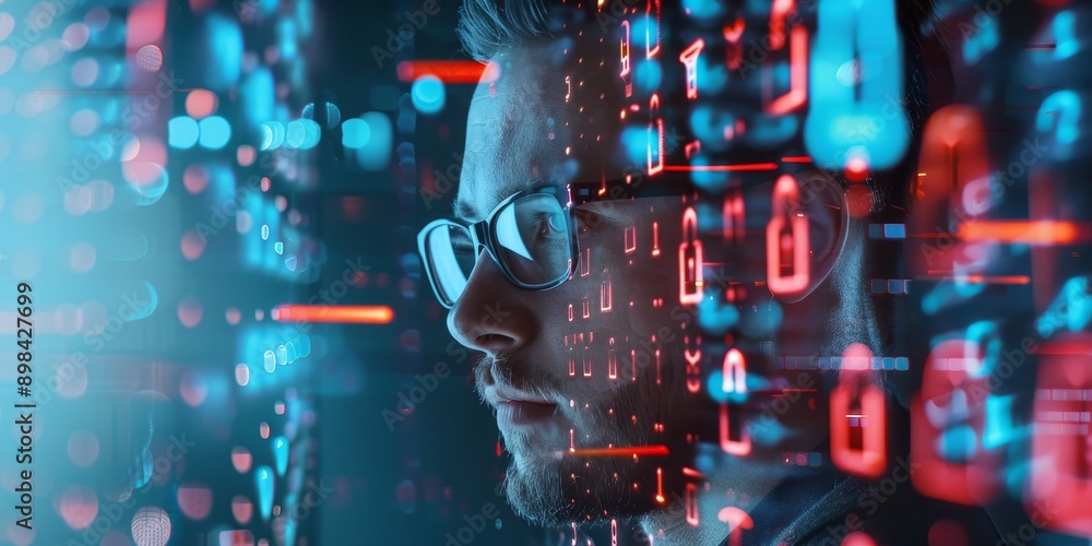 Aufkleber a cybersecurity expert combined with digital lock symbols, symbolizing data protection and secure te