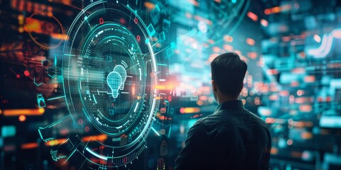 A digital interface blended with a tech entrepreneur, symbolizing digital entrepreneurship and startup innovation