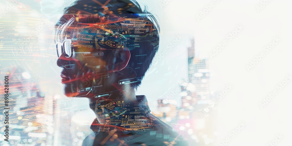 Aufkleber A double exposure of a coder and futuristic technology, illustrating software development and innovation