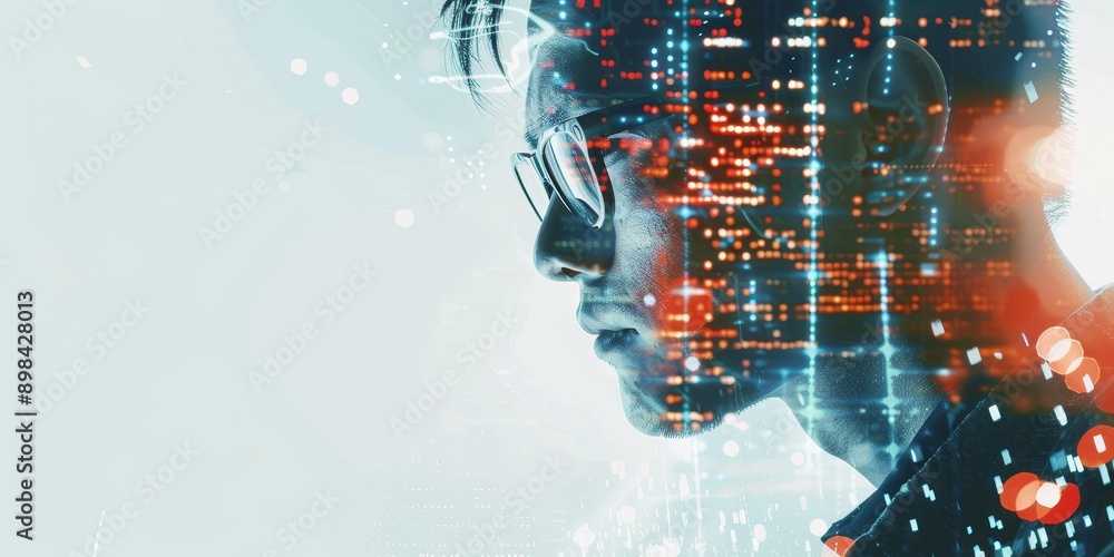 Aufkleber A double exposure of a coder and futuristic technology, illustrating software development and innovation