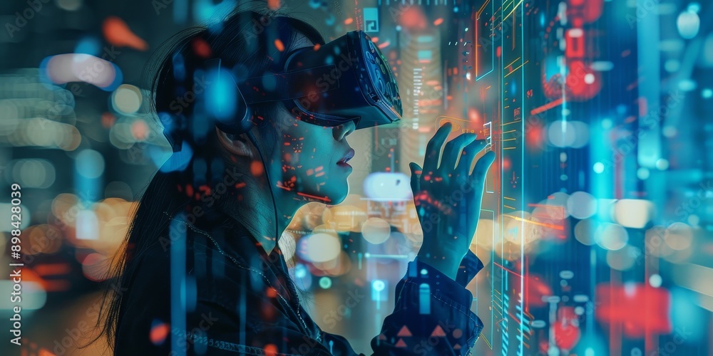 Poster a woman using virtual reality overlaid with digital graphics, symbolizing vr technology and immersiv