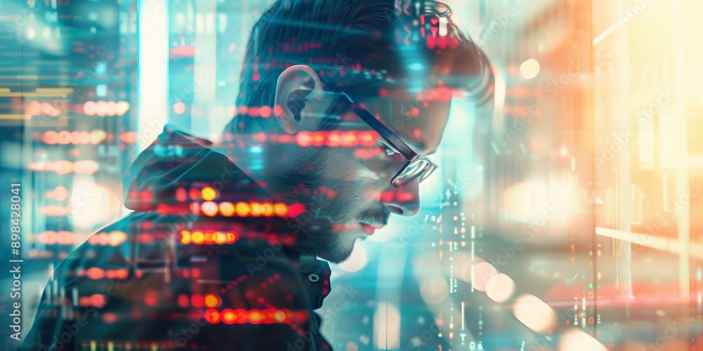 Poster a double exposure of a coder and futuristic technology, illustrating software development and innova