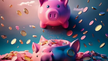 Business failure piggy bank with catching falling dollars