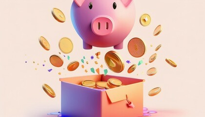Business failure piggy bank with catching falling dollars