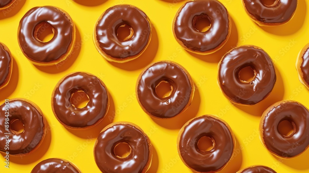 Poster donuts with chocolate glaze in pattern on yellow background viewed from above