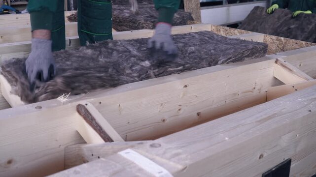 Woodworker placing rock wool during wood house building at a workshop, thermal insulation ow wall.