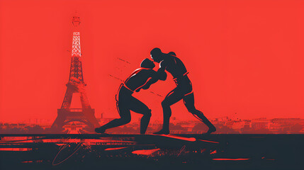 Wrestling: A minimalistic illustration of two wrestlers grappling with the Eiffel Tower in the background on a red background.


