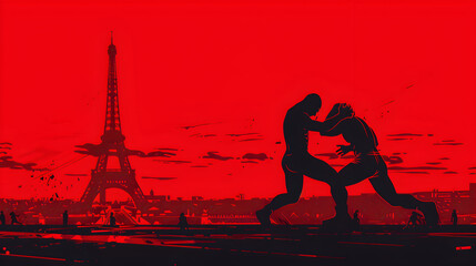 Wrestling: A minimalistic illustration of two wrestlers grappling with the Eiffel Tower in the background on a red background.


