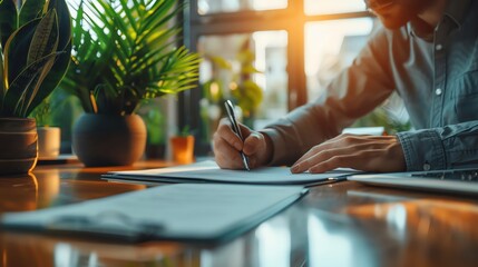 Editorial image of a young professional signing a personal loan agreement in a minimalist office The setting includes a clean desk with a laptop and a pen holder The lighting is na