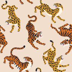 Vector seamless pattern with asian tigers and leopard on beige background. Circus animal show. Fashionable fabric design.