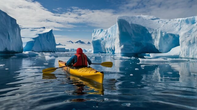 winter kayaking on icy sea, extreme sports adventure. generative ai