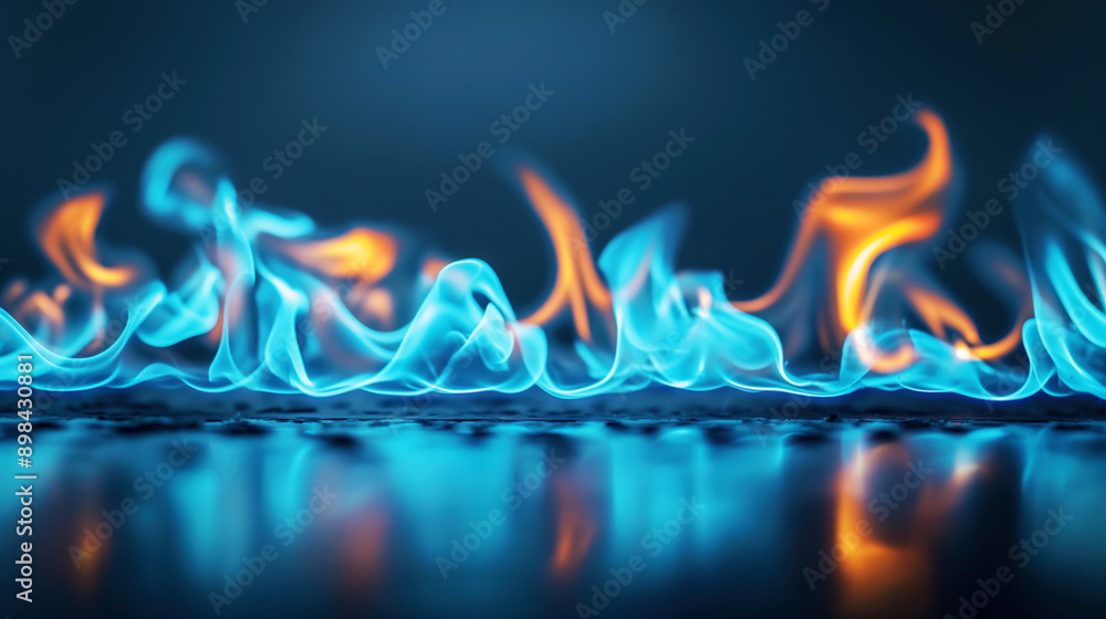 Sticker Close-up of vibrant blue and orange flames with wavy patterns on a reflective surface against a dark background.