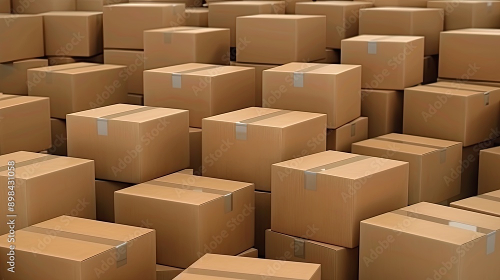 Aufkleber a stack of cardboard boxes sits on a wooden surface in front of a warehouse with shelves of boxes in