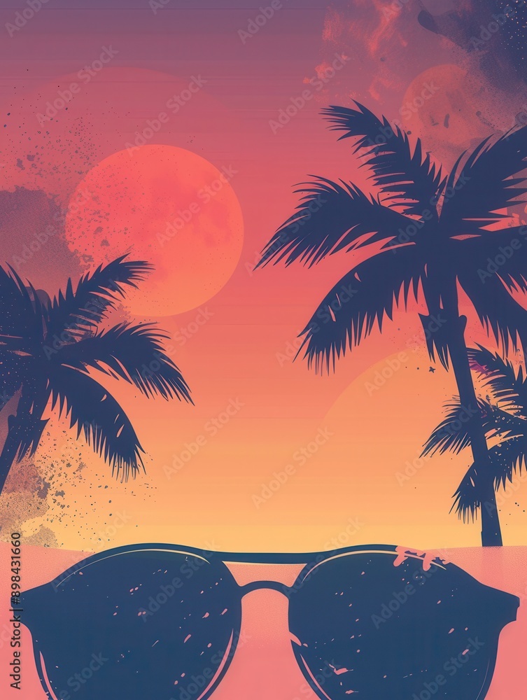 Poster a pair of sunglasses are sitting on a beach with palm trees in the background and a large orange sun