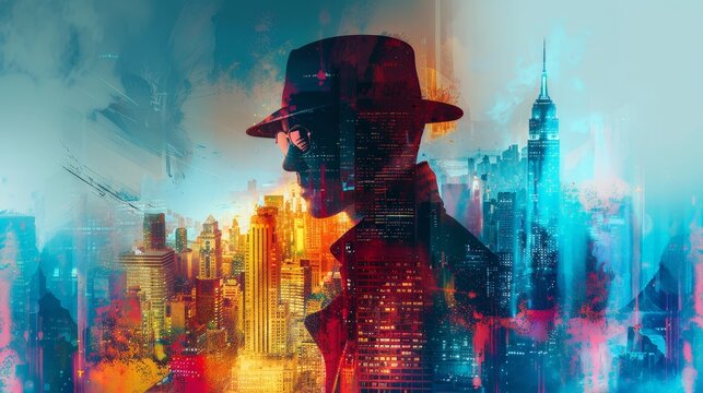 Intriguing Double Exposure: Detective and Cityscape with Vibrant Contrasting Colors in Abstract Background