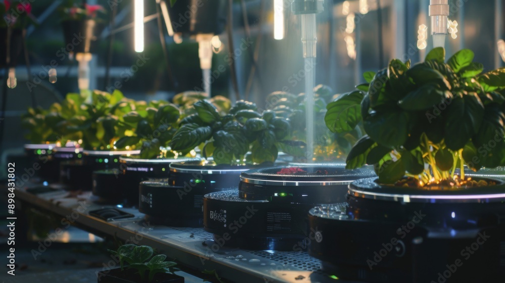 Poster a row of hydroponic garden systems with green plants growing in water, illuminated with artificial l