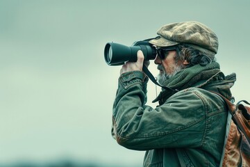 A man in a cap and jacket looks through binoculars, focusing on something in the distance.