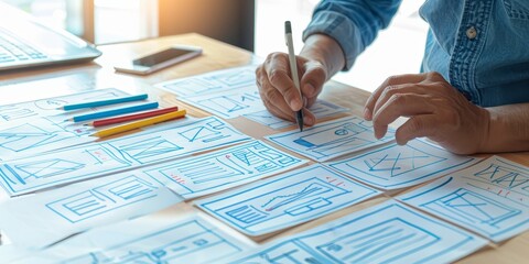 A UX/UI designer working on mobile app wireframes overlaid with digital user experience tools, illustrating digital UX/UI design