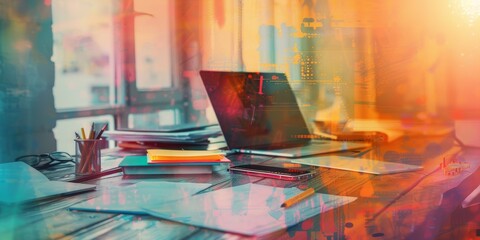 A double exposure of a creative workspace and digital tools, symbolizing technology in artistic creation