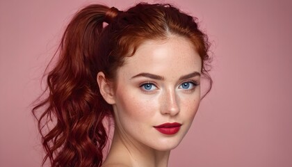 Fototapeta premium Isolated studio shot of a stunning woman with red hair, freckles, and blue eyes. Natural beauty with red lips and a soft smile.