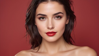 Fototapeta premium Beautiful woman with brown hair, red lips, and perfect skin. Studio portrait against a red background.