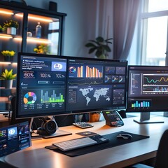 Naklejka premium Modern office setup with multiple monitors displaying various analytical data and charts, emphasizing the use of technology in data analysis and business intelligence.