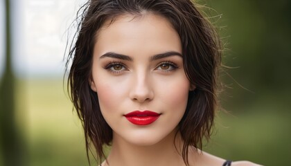 Naklejka premium Beautiful brunette with brown eyes and red lips. Bright outdoor portrait showcasing natural elegance.