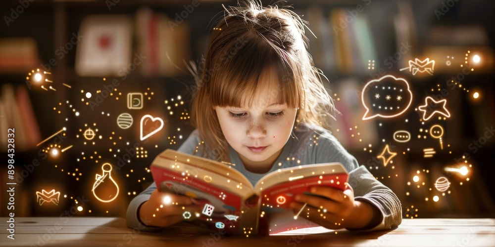 Poster a child reading a book overlaid with educational symbols, illustrating literacy development and lear