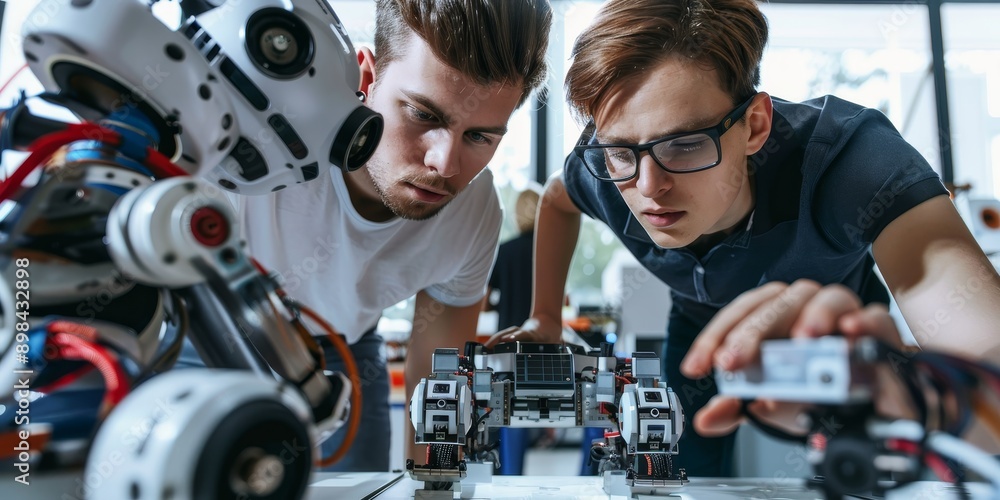 Poster A team of engineers working on robotics projects, showcasing technological development and engineering innovation