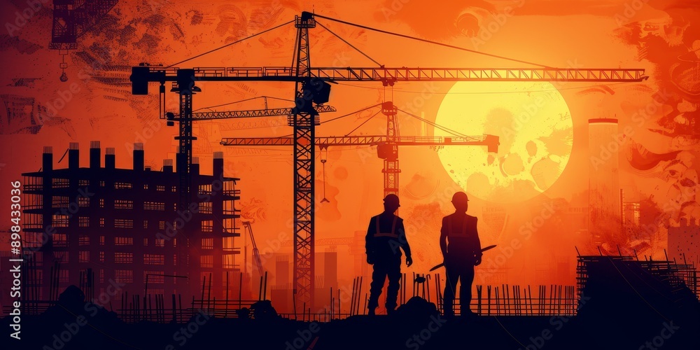 Poster a construction site with cranes and workers, illustrating urban development and infrastructure growt