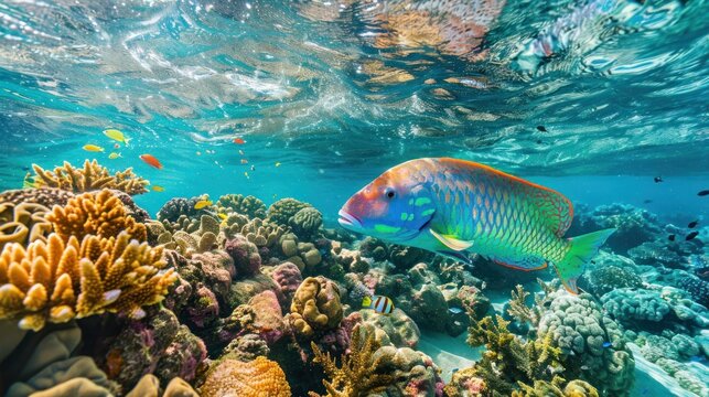 A Vibrant Parrotfish Swimming Through Coral Reef wide angle lens